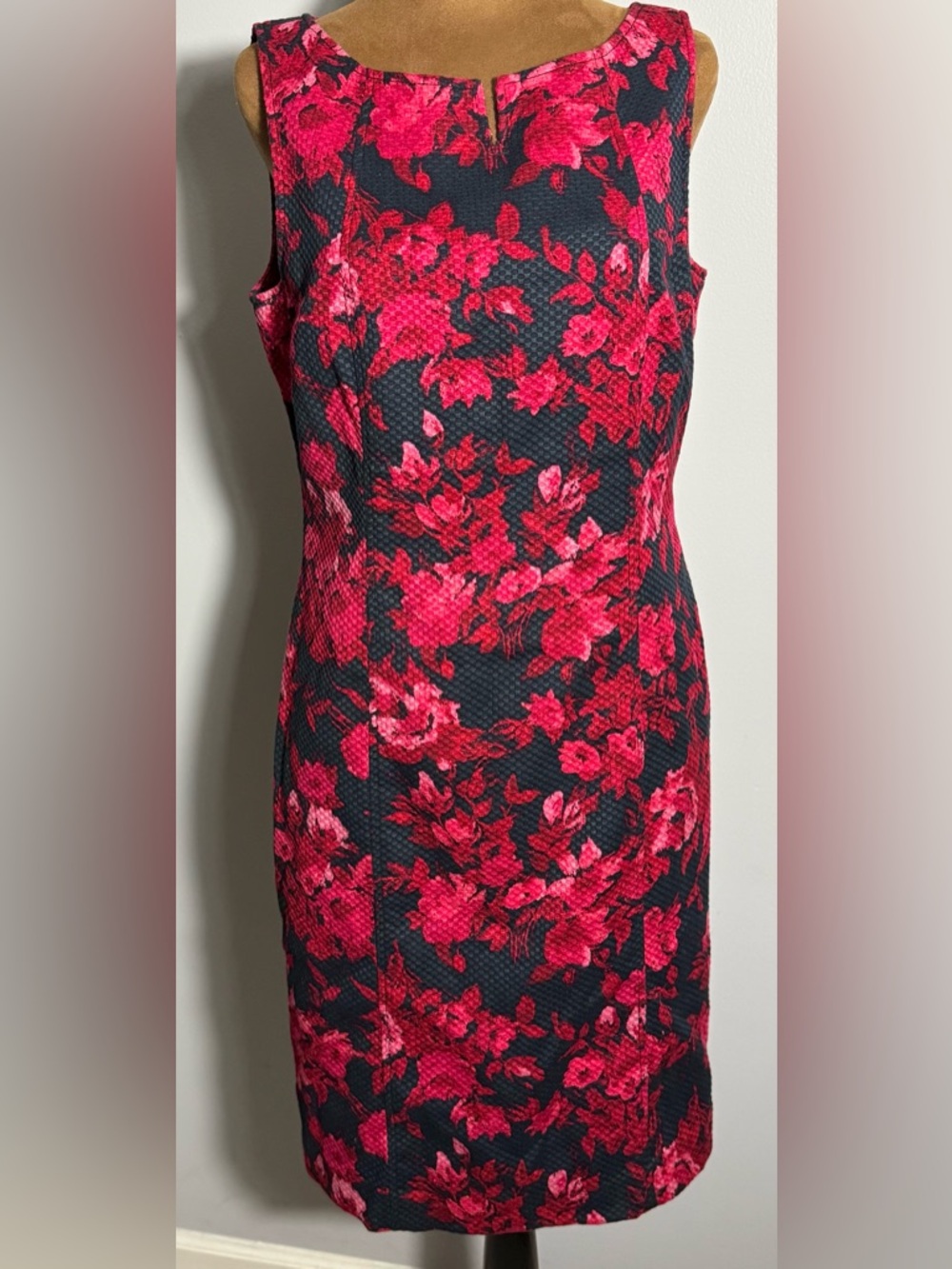 Talbots 12P Red Black Floral Sheath Dress Petite Textured Career Wedding Spring - Picture 4 of 9